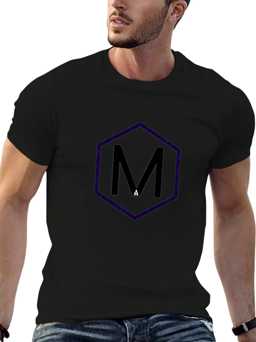Mens Black T-Shirt with Hexagon M Design