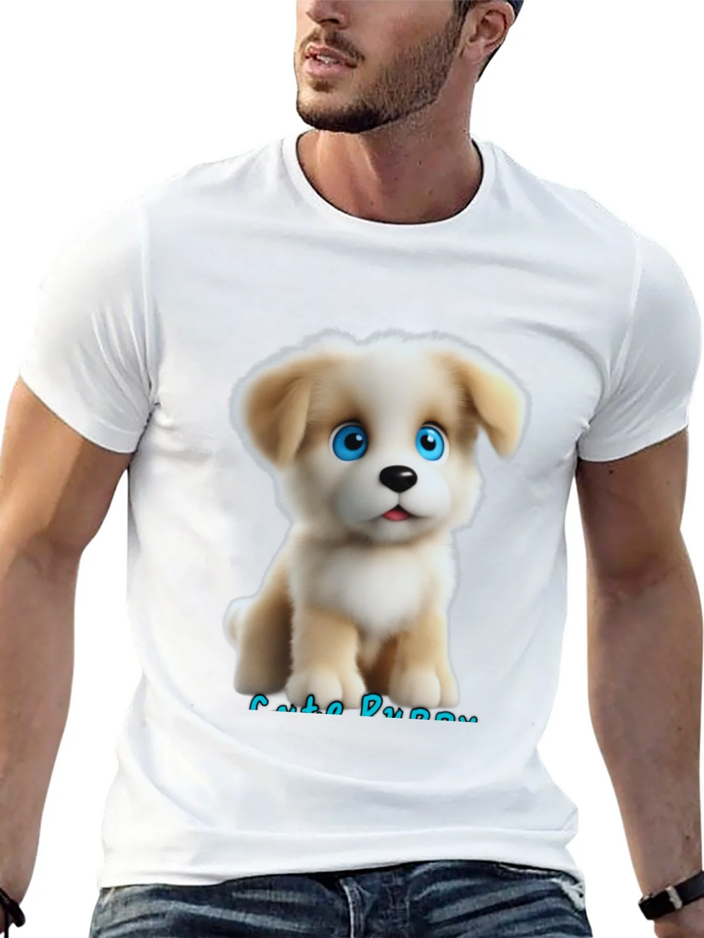 Cute Puppy Graphic Black T-Shirt for Men