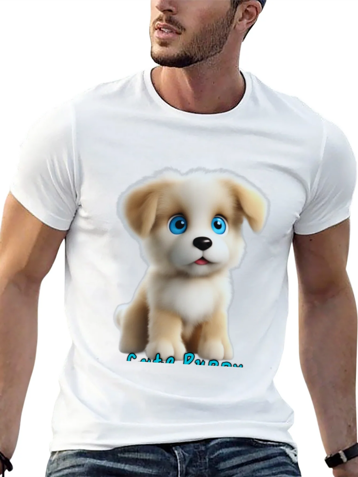 Cute Puppy Graphic Black T-Shirt for Men