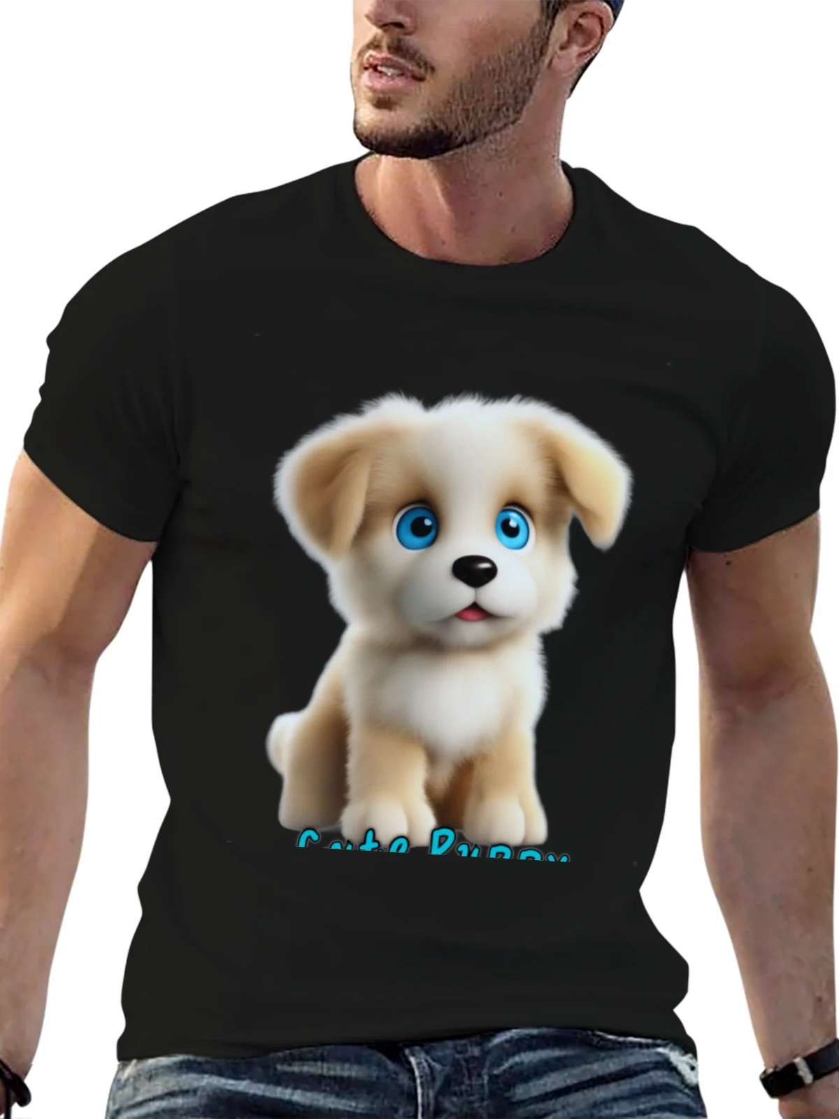 Cute Puppy Graphic Black T-Shirt for Men