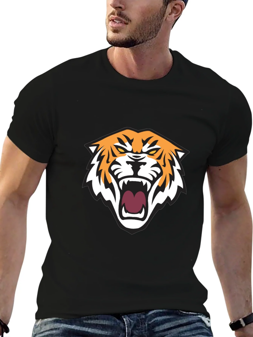 Mens Black T-Shirt with Tiger Graphic
