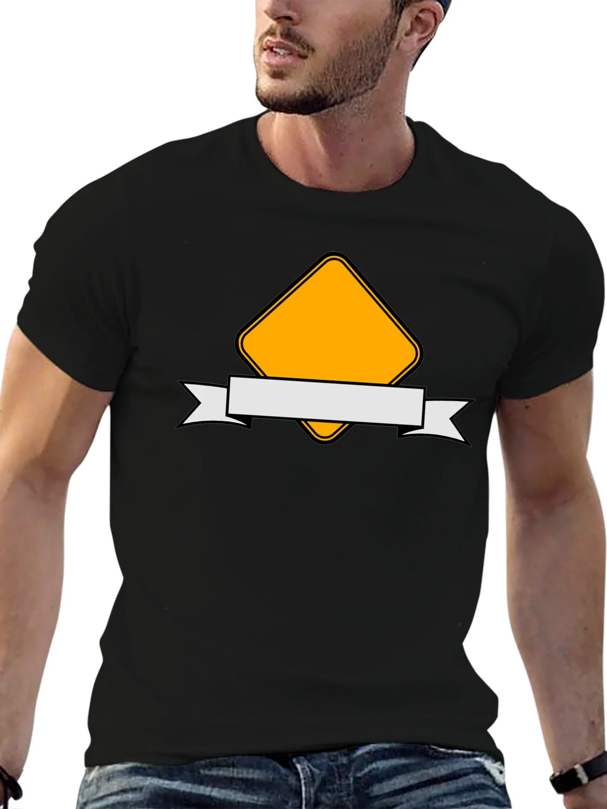 Modern Black T-Shirt with Yellow Diamond and Ribbon Design