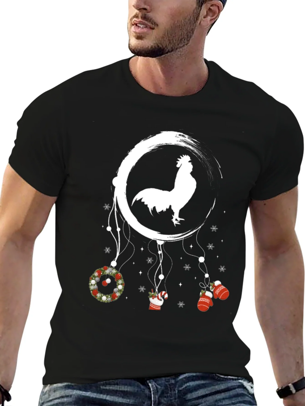 Festive Rooster Dreamcatcher Graphic Tee - Christmas
