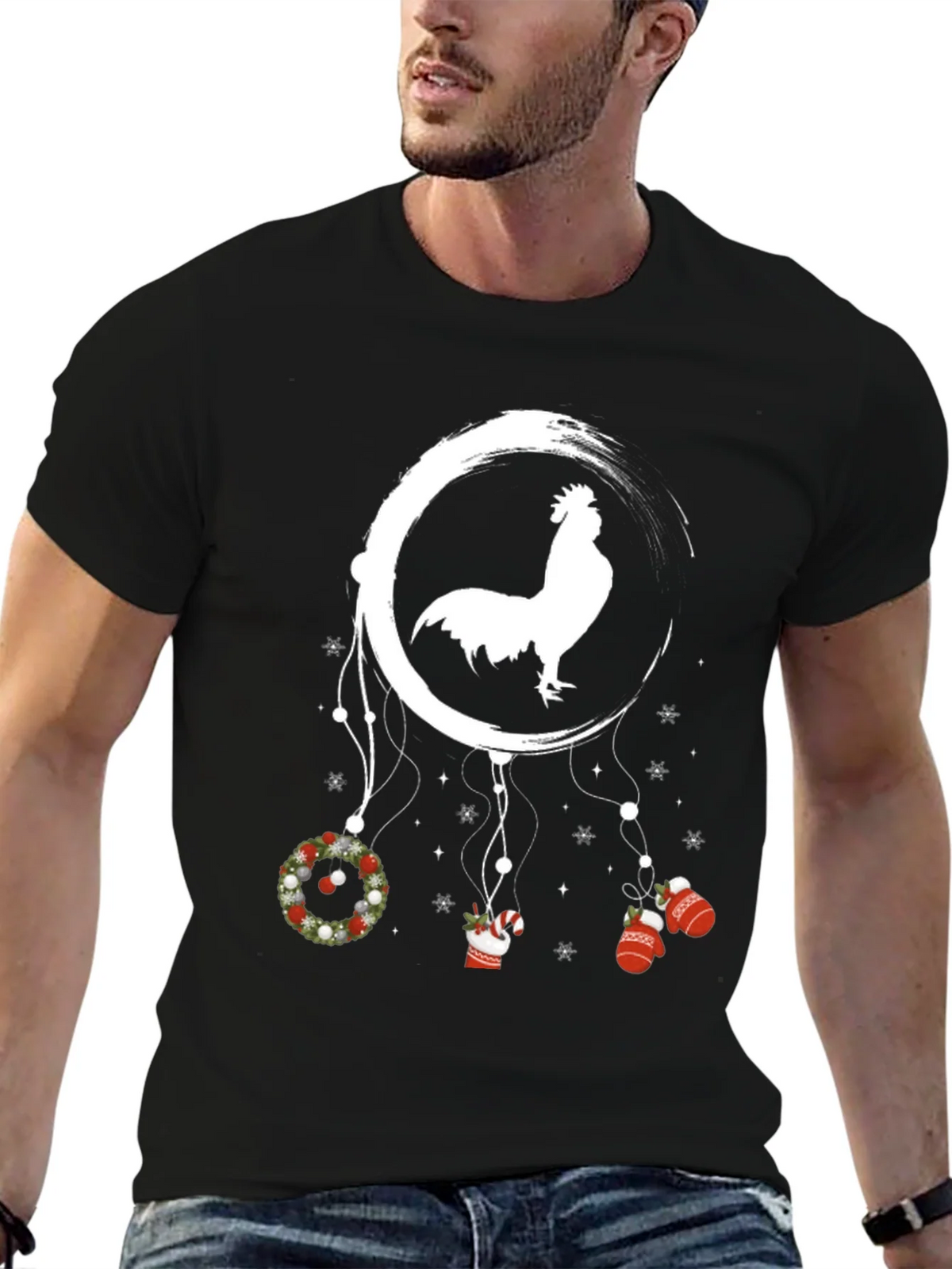 Festive Rooster Dreamcatcher Graphic Tee - Christmas